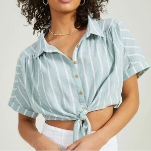 Altar'd State Button Up Down Green White Striped Crop Top Tie XL XLarge collared